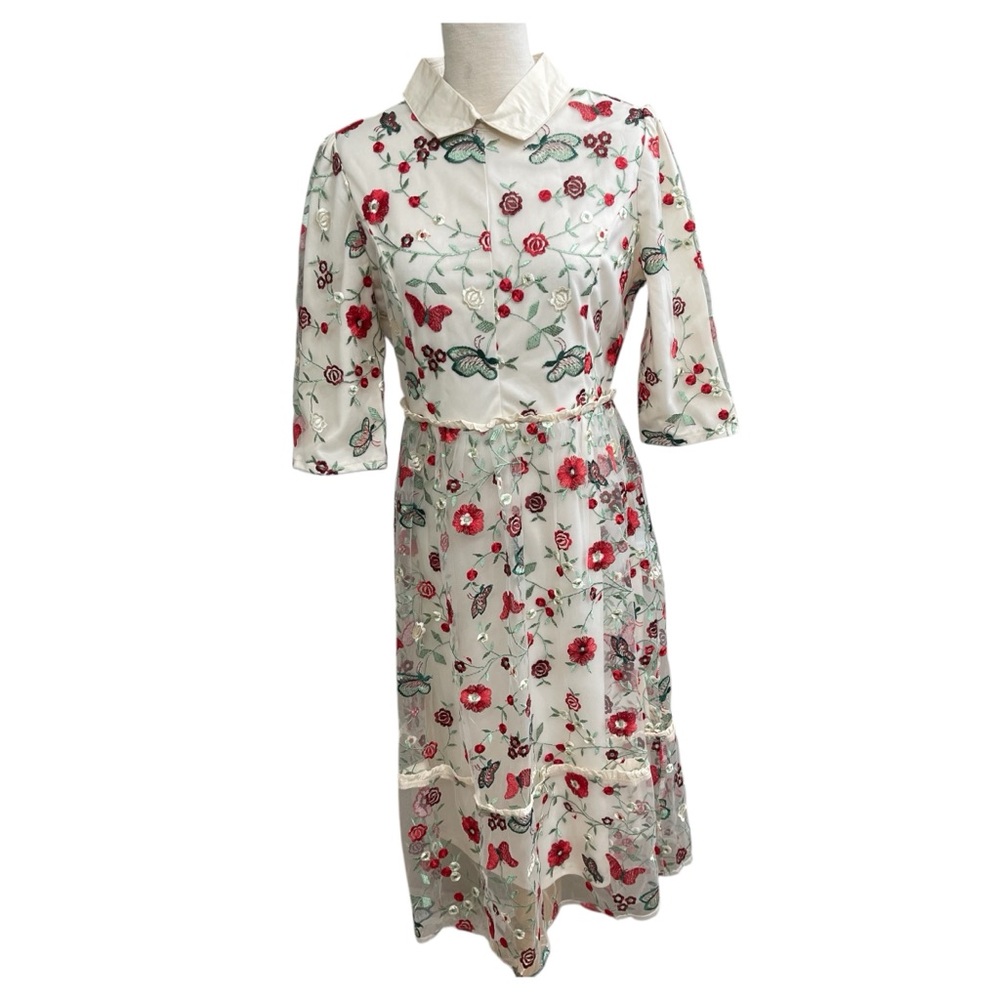 NWOT JESSAKE Dress MEDIUM White Multi Floral Butterflies Embroidered LACE DRESS